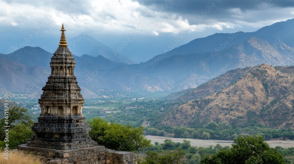 Aufkleber ancient stone pagoda overlooks a serene valley nestled amidst majestic, hazy mountains under a partl