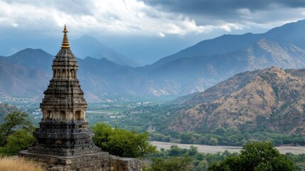 Ancient stone pagoda overlooks a serene valley nestled amidst majestic, hazy mountains under a partly cloudy sky. : Generative AI