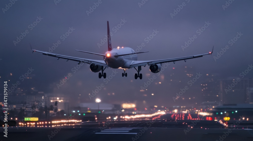 Poster passenger airplane on final approach, descending towards a runway at night, city lights blurred in t