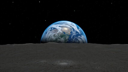 Earth rising above moon surface