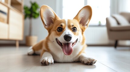 Happy Pembroke Welsh Corgi puppy lying on light wooden floor in modern home interior, big ears, tongue out, adorable pet. : Generative AI