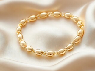 A delicate gold bracelet with oval links rests elegantly on a silky, cream-colored fabric background.