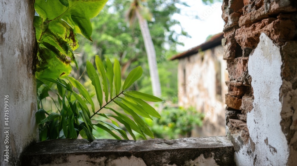 Aufkleber tropical foliage viewed through a weathered window of an old, crumbling stone building, with a blurr