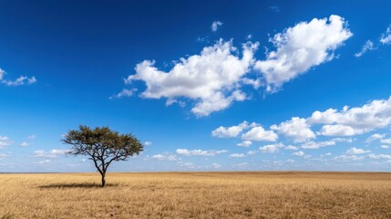 Fototapeta premium Single acacia tree stands in vast golden savanna under a vibrant blue sky dotted with fluffy cumulus clouds, a serene African landscape. : Generative AI