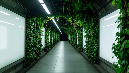 Futuristic Tunnel with Lush Green Walls and Bright Lighting