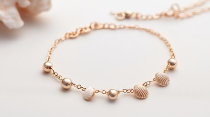 A delicate gold bracelet with shell and bead charms is displayed on a light surface.