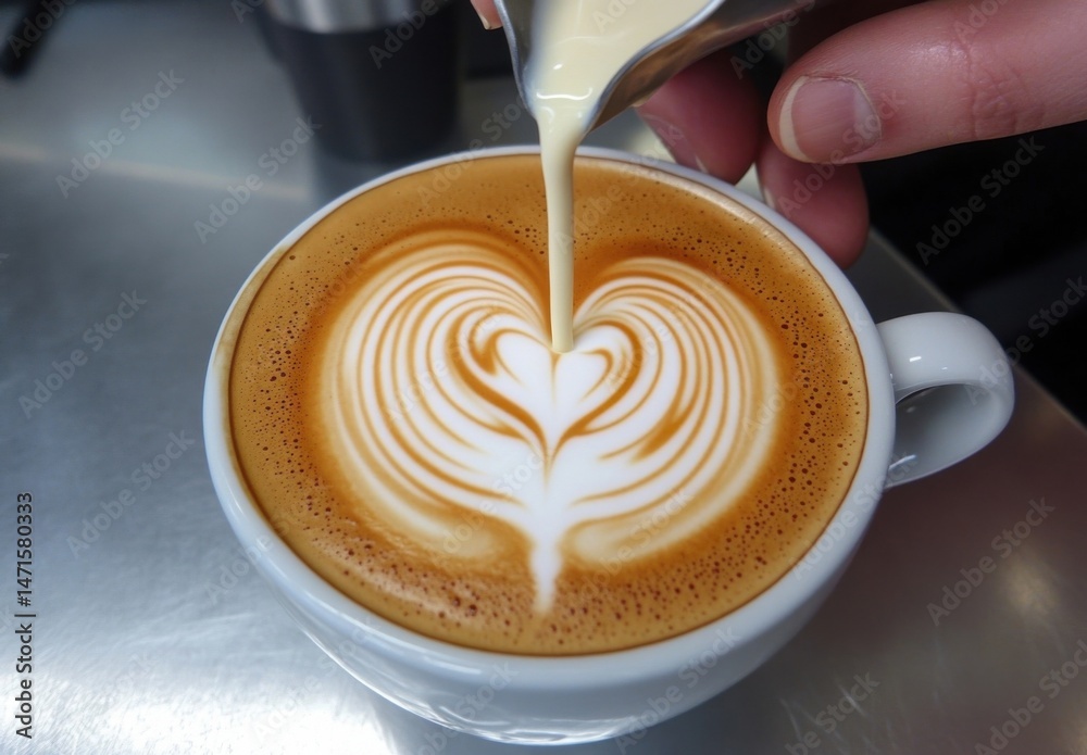 Poster barista pouring creamy milk into a cup of latte art, creating a heart-shaped design on the coffee's 