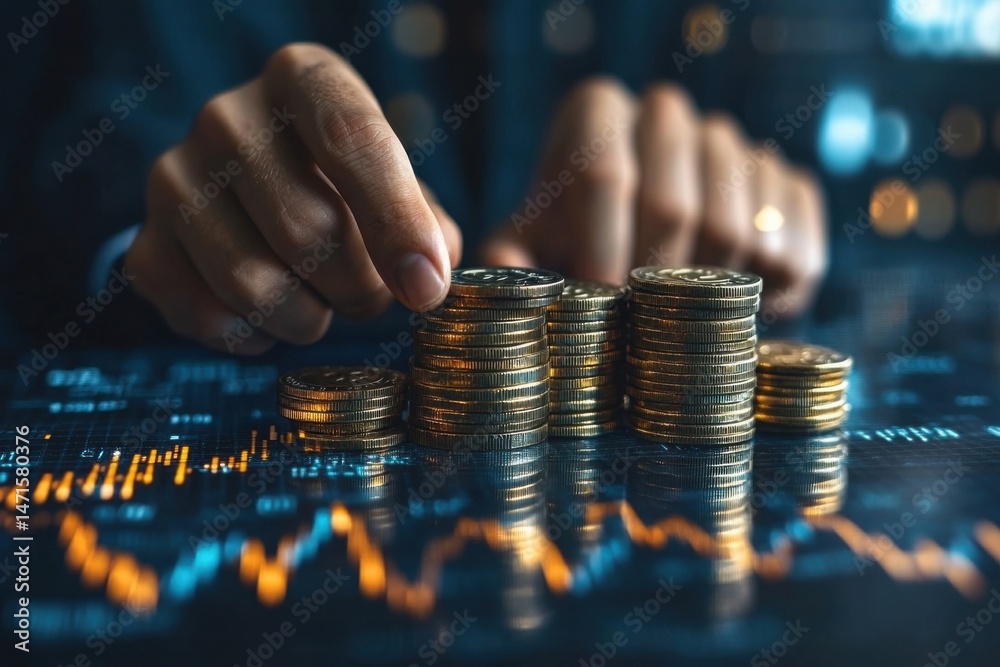 Aufkleber closeup of hands carefully stacking golden coins on a digital screen displaying financial charts, il
