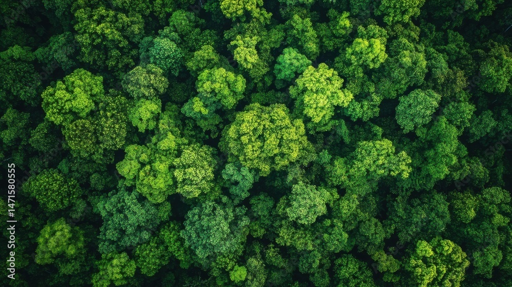 Poster aerial view of a lush, vibrant green forest canopy, showing dense treetops from above. the image sho