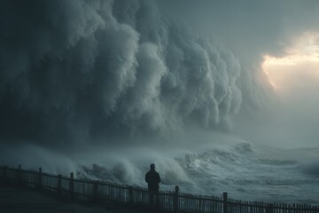 Fototapeta premium Silhouette observes turbulent ocean waves crashing during intense storm near a coastal fence on overcast day