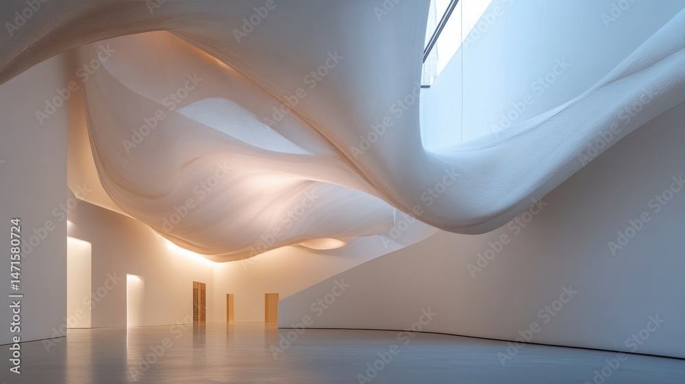 Poster modern gallery interior with flowing, white textile art installation suspended from the ceiling, ill