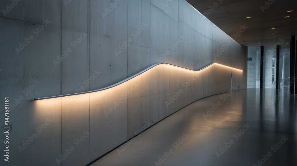 Aufkleber Modern architectural hallway with a curved LED light strip mounted on a concrete wall, creating a soft, warm glow along the pathway. : Generative AI