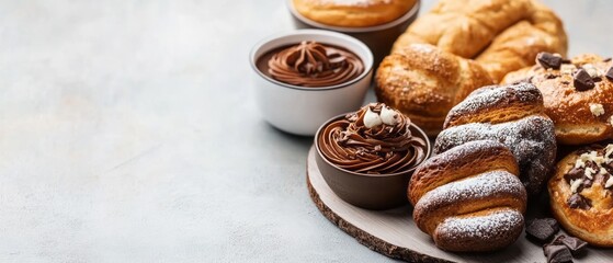 Assorted baked goods with chocolate toppings and sauces.