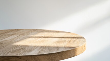 Obraz premium Empty round wood table on beige gray wall background. Wooden rustic podium. Oak nature stand product display. Modern minimal cosmetic design