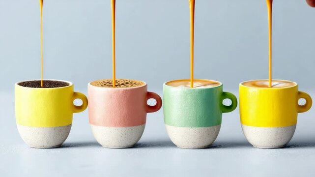 Four cups of coffee with different colors and designs. The cups are arranged in a row, with the yellow cup on the left and the green cup on the right. The other two cups are pink and white