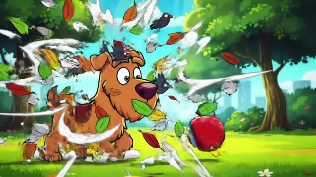 Animated dog in a park accidentally lets out a fart that scares all the birds away &mdash; cartoon-style exaggeration