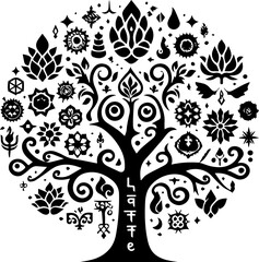 Mystical Tree of Life: An intricate, symbolic tree of life design, rich in detail and adorned with mystical symbols, flowers, and leaves.