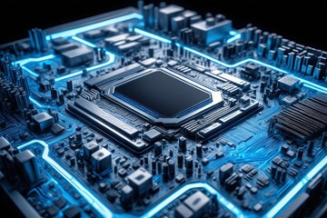 Detailed close-up of a modern printed circuit board reveals intricate circuitry and components,