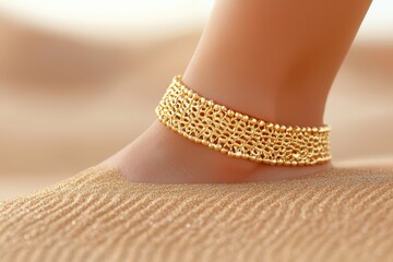A golden anklet adorns a foot resting on soft, sandy terrain under warm, natural light.