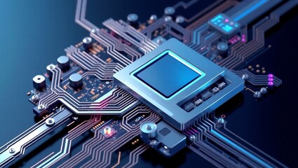 Detailed view of a futuristic-looking printed circuit board with intricate wiring, a prominent