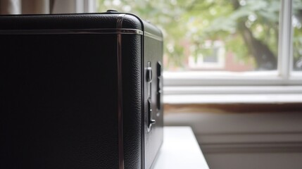 Close-up view of a vintage boxy radio by a window.