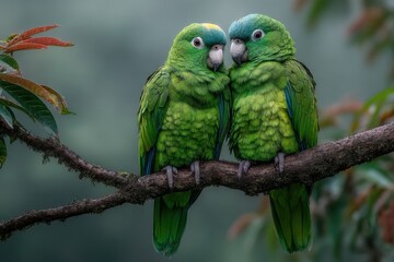 Close-up of two striking green parrots perched together on a branch in a lush, soft-focus tropical setting. © SMK