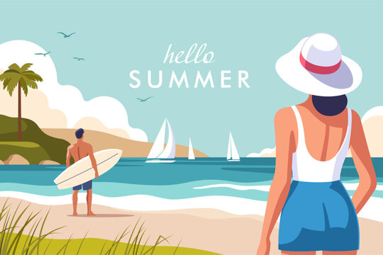 Summer time. Concept of summer party, vacation and travel. Woman in a hat on the beach, a man stands on the shore holding a surfboard of the shore. Vector illustration.