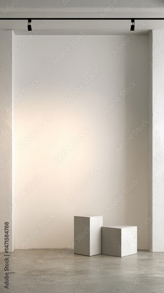 Poster minimalist studio scene featuring two light-grey cubes on a concrete floor against a white wall, ide