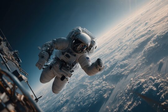 Astronaut in spacesuit performs extravehicular activity near satellite above planet with cloud cover, space exploration