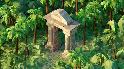 Ancient Ruins in a Lush Tropical Jungle: A Low-Poly Digital Artwork
