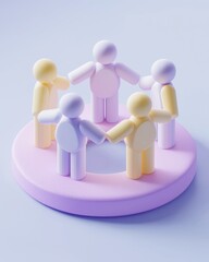 Teamwork Circle of 3D Characters on Pastel Platform