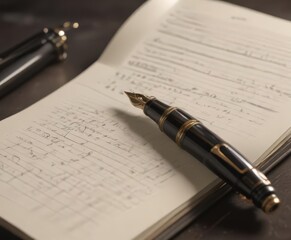 Closeup of elegant fountain pen on open diary,  office supplies,  table