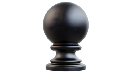 Black cast aluminum ball finial fence post cap, classic simple design, hyperrealistic rendering, isolated on transparent  background