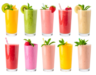 Ten colorful fruit smoothies garnished with mint and fresh fruit on transparent background