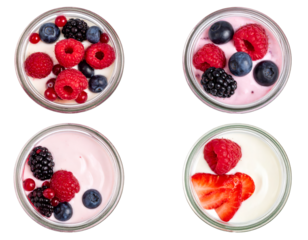 Four Jars of Yogurt Parfaits with Mixed Berries on Transparent Background