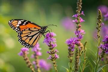 Fototapeta premium Butterfly on Purple Flowers – Vibrant Garden Macro Nature Photography