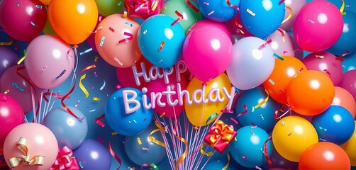 A vibrant burst of colorful balloons, confetti, and gift ribbons celebrating a birthday, colorful ribbons, confetti