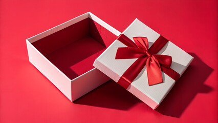 A white gift box with a red interior and a red bow on the lid is partially open on a red background.