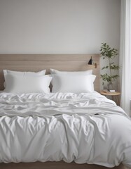 Crisp white linens on king bed, minimalist Scandinavian bedroom , peaceful, scandi