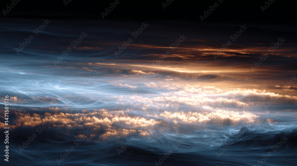 Poster abstract image of swirling clouds, illuminated by warm sunset hues, creating a dreamy, ethereal atmo
