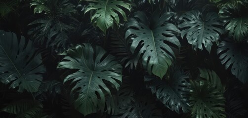 Dark, lush exotic leaves layered, creating a textured, tropical mystery , elegant, plant, tropical