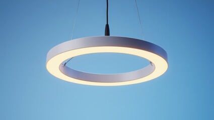 A modern pendant light fixture with multiple rings of illumination against a clear blue sky.