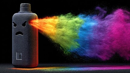 Angry Face Bottle Expelling Rainbow Colored Powder Explosion