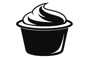 Stylized black dessert illustration presents creamy topping inside a simple container perfectly