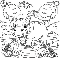 Hand Drawn Cute Hippo in Jungle – Coloring Page for Kids Vector illustration