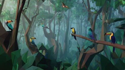 Mystical Low Poly Toucans in a Foggy Rainforest