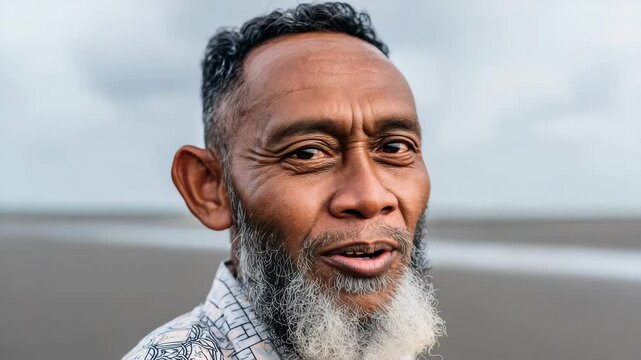 Man with a beard and gray hair is smiling. He is wearing a white shirt and a blue shirt