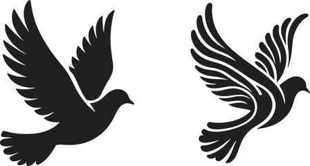 Obraz premium Collection of pigeon and dove bird silhouettes in flight and resting positions, suitable for peace concepts, wildlife, spiritual symbols, logos, and decorative graphic design.