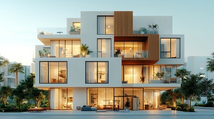 Modern apartment building facade at twilight.  Spacious, light-filled living spaces with balconies