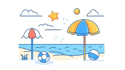Summer Beach Scene with Umbrellas, and Fun.